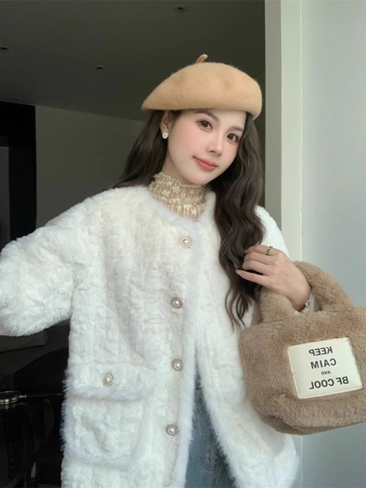 Crew Neck Fluffy Button-Up Plain Jacket