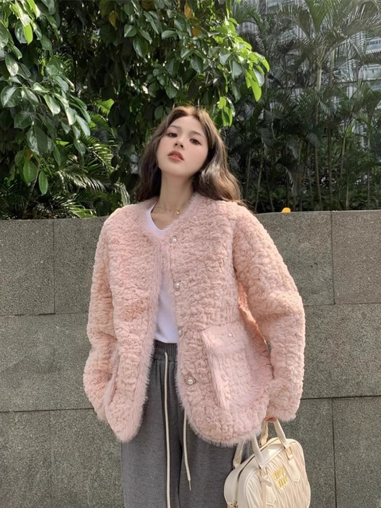 Crew Neck Fluffy Button-Up Plain Jacket