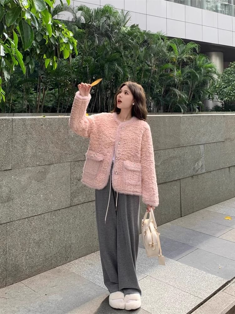 Crew Neck Fluffy Button-Up Plain Jacket