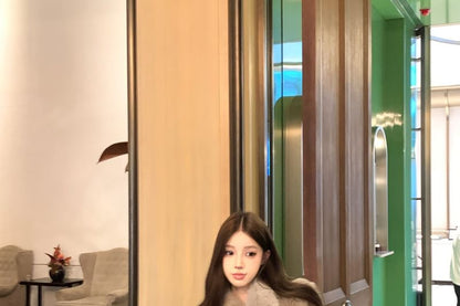 Collared Faux Fur Jacket / High Rise Belted Mini Skirt