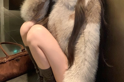 Collared Faux Fur Jacket / High Rise Belted Mini Skirt