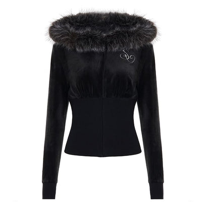Long Sleeve V-Neck Plain Furry-Trim Zip-Up Hooded Jacket