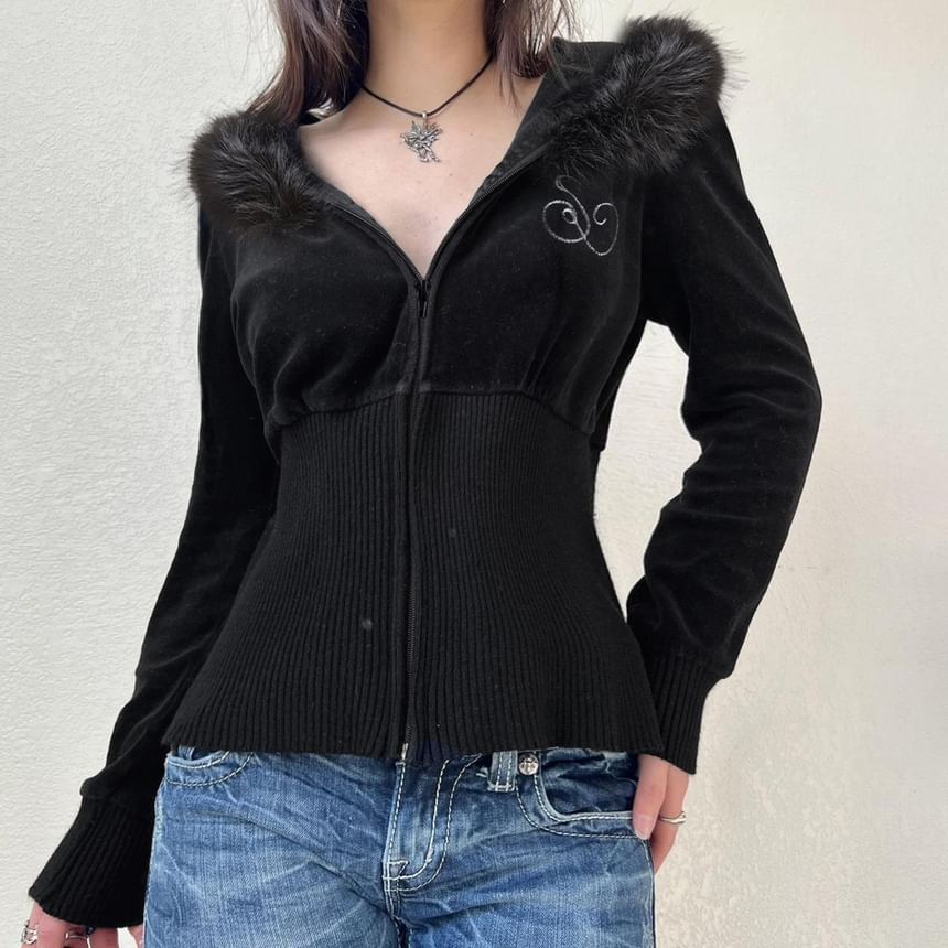 Long Sleeve V-Neck Plain Furry-Trim Zip-Up Hooded Jacket