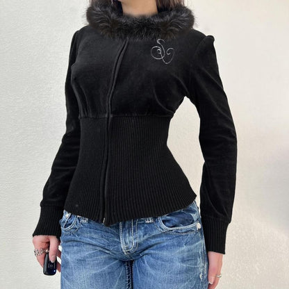 Long Sleeve V-Neck Plain Furry-Trim Zip-Up Hooded Jacket