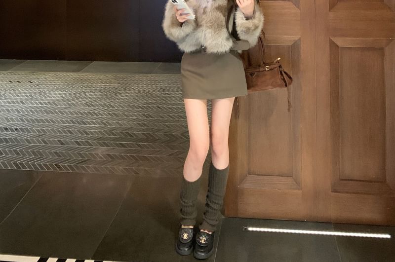Collared Faux Fur Jacket / High Rise Plain Belted Mini Pencil Skirt