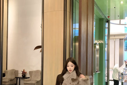 Collared Faux Fur Jacket / High Rise Plain Belted Mini Pencil Skirt