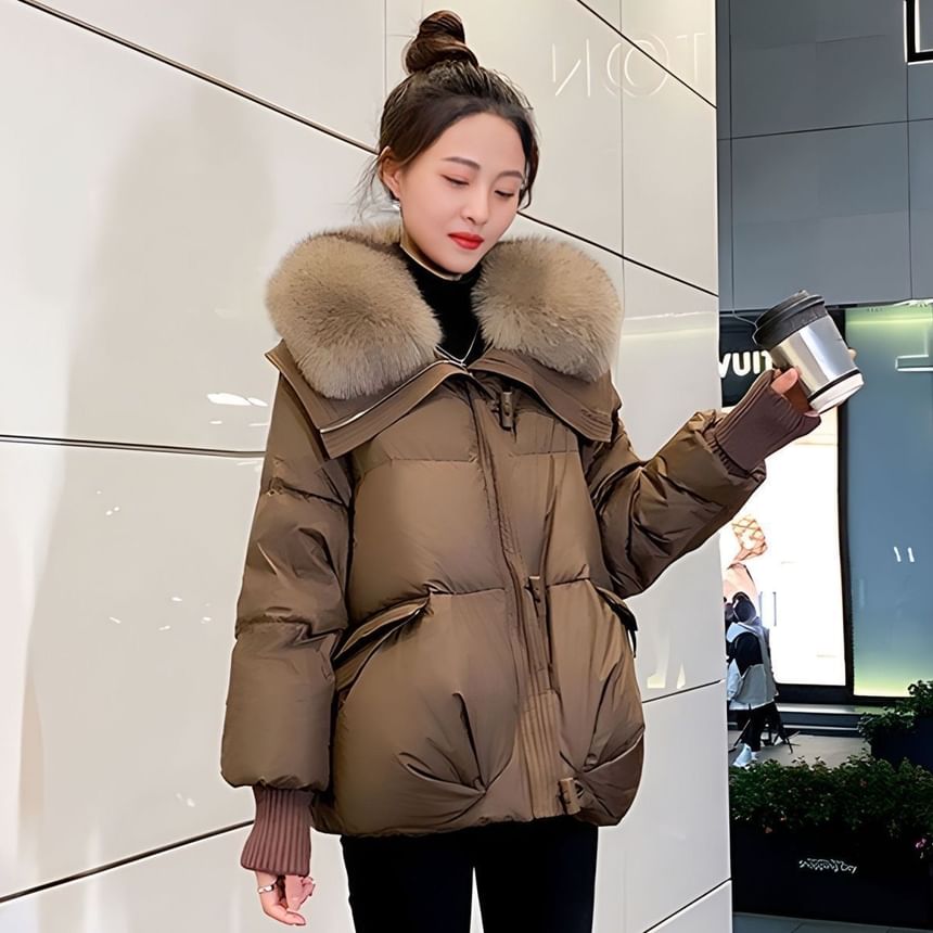 Furry Trim Zip-Up Puffer Jacket