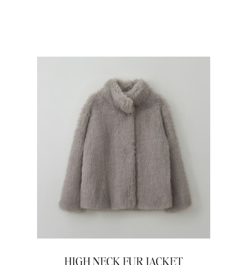 High-Neck Eco-Fur Jacket (Gray)