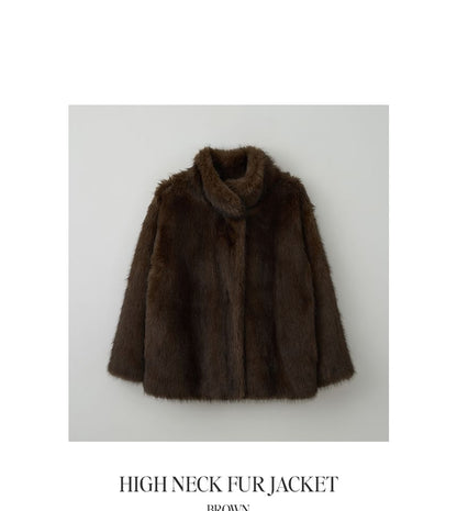 High-Neck Eco-Fur Jacket (Brown)