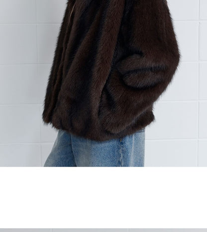 High-Neck Eco-Fur Jacket (Brown)
