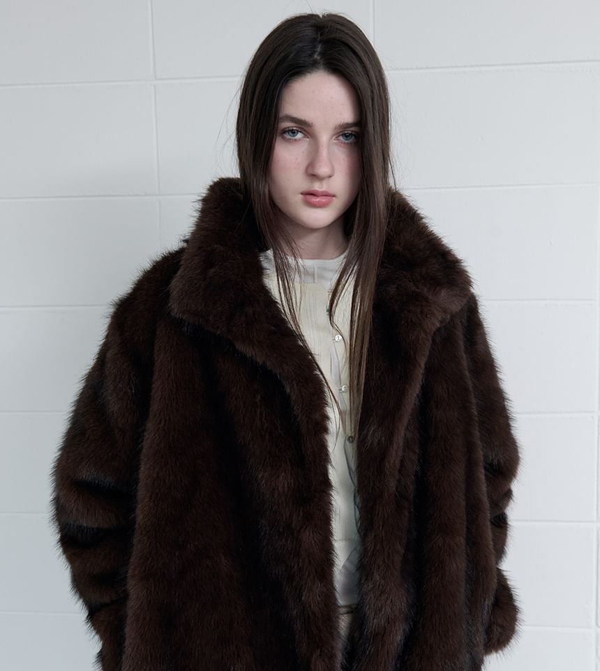 High-Neck Eco-Fur Jacket (Brown)
