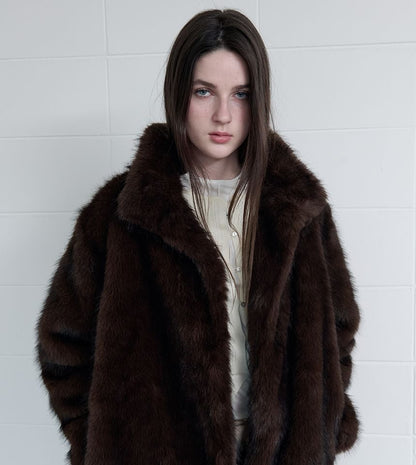 High-Neck Eco-Fur Jacket (Brown)