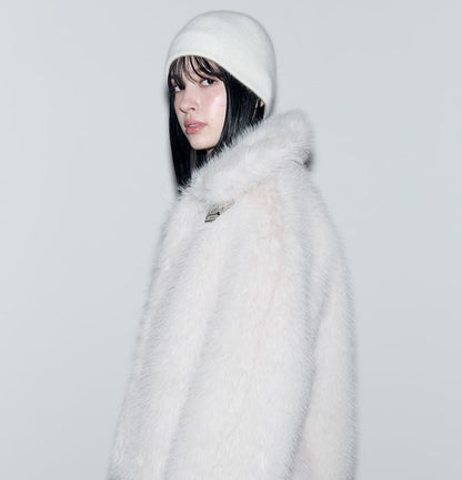 Belt-Neck Eco-Fur Jacket (Ivory)