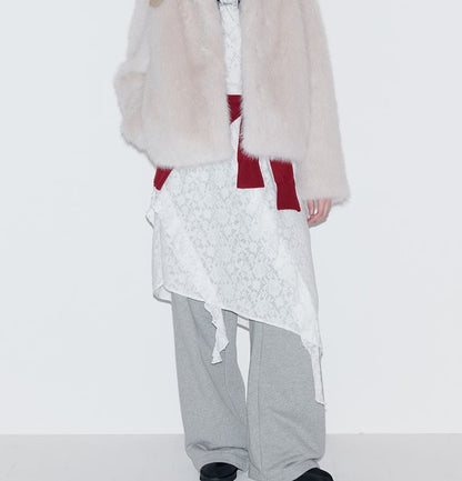 Belt-Neck Eco-Fur Jacket (Ivory)