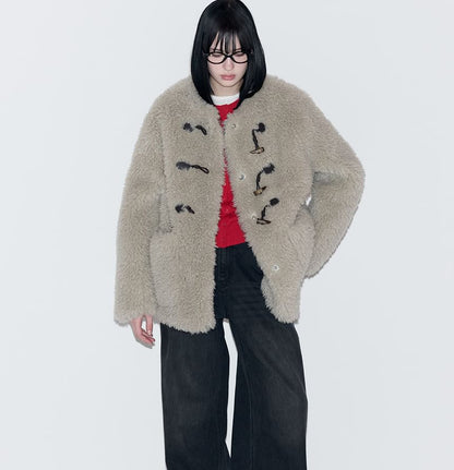 Toggle-Button Eco-Fur Jacket (Khaki)
