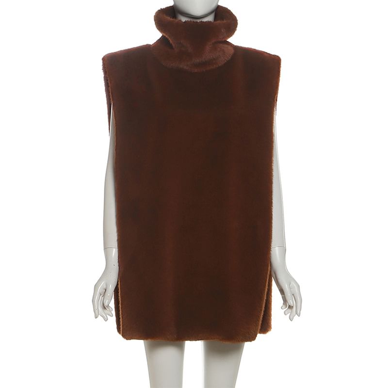 Stand Collar Plain Slit Faux Fur Vest