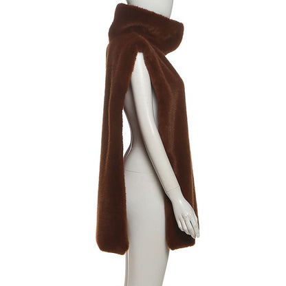Stand Collar Plain Slit Faux Fur Vest