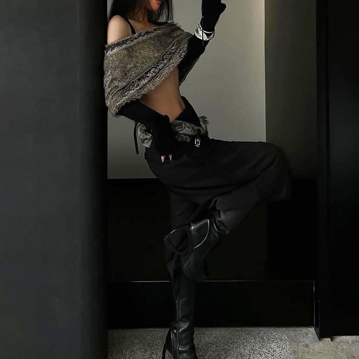 Long Sleeve Off Shoulder Panel Faux Fur Crop Top