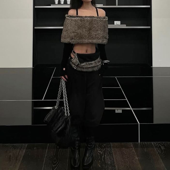 Long Sleeve Off Shoulder Panel Faux Fur Crop Top
