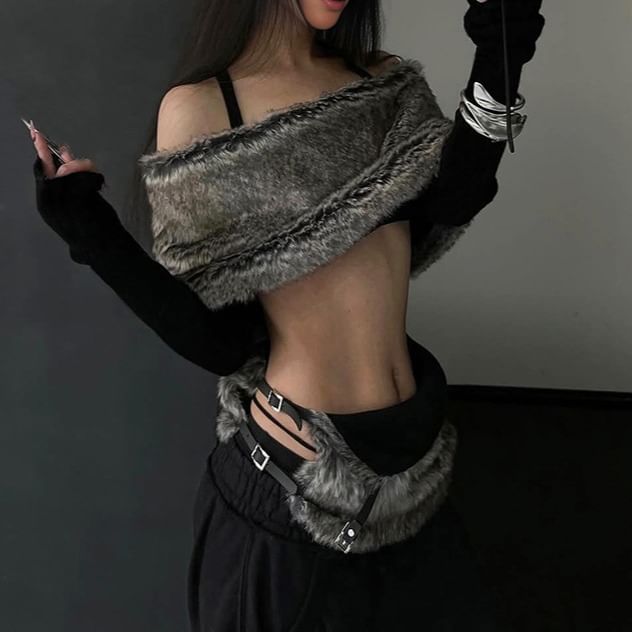 Long Sleeve Off Shoulder Panel Faux Fur Crop Top