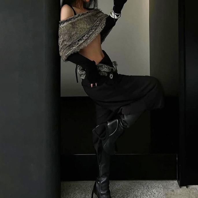 Long Sleeve Off Shoulder Panel Faux Fur Crop Top