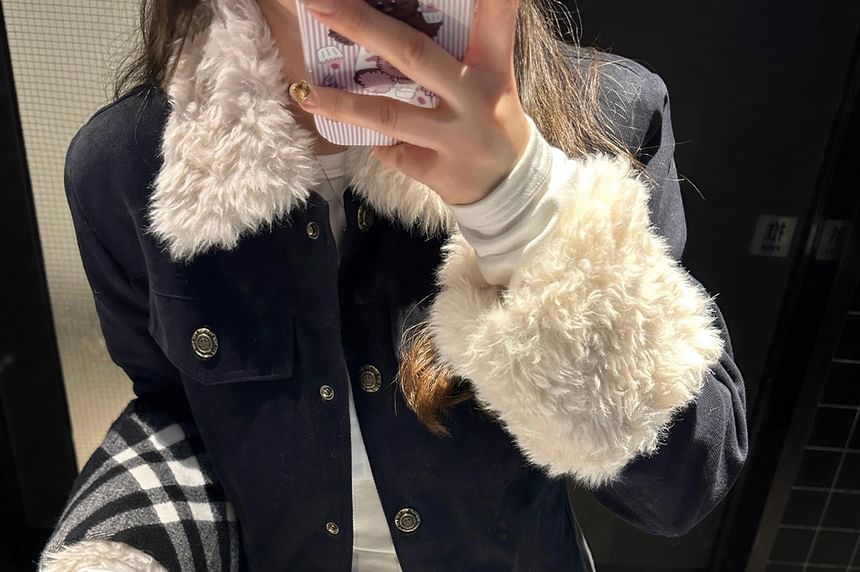 Furry Panel Button-Up Padded Jacket