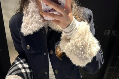 Furry Panel Button-Up Padded Jacket