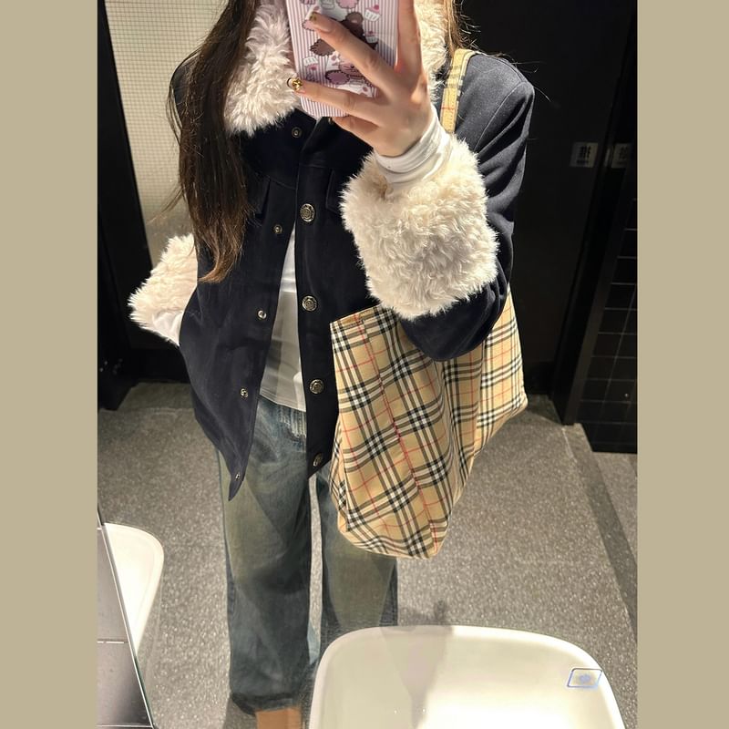 Furry Panel Button-Up Padded Jacket