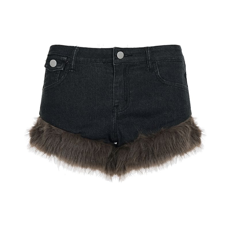 Low Waist Washed Faux Fur Trim Denim Shorts