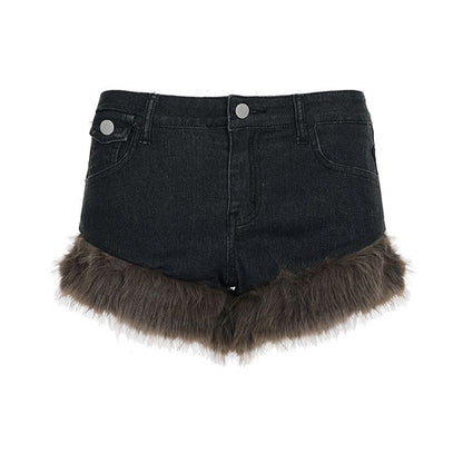 Low Waist Washed Faux Fur Trim Denim Shorts