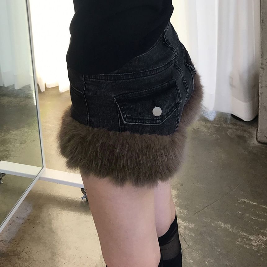 Low Waist Washed Faux Fur Trim Denim Shorts