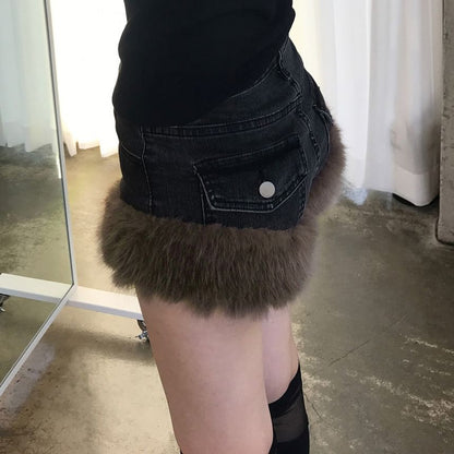 Low Waist Washed Faux Fur Trim Denim Shorts