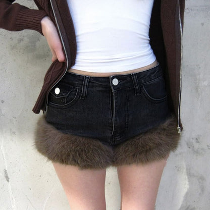 Low Waist Washed Faux Fur Trim Denim Shorts