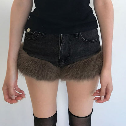 Low Waist Washed Faux Fur Trim Denim Shorts