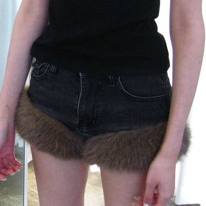 Low Waist Washed Faux Fur Trim Denim Shorts