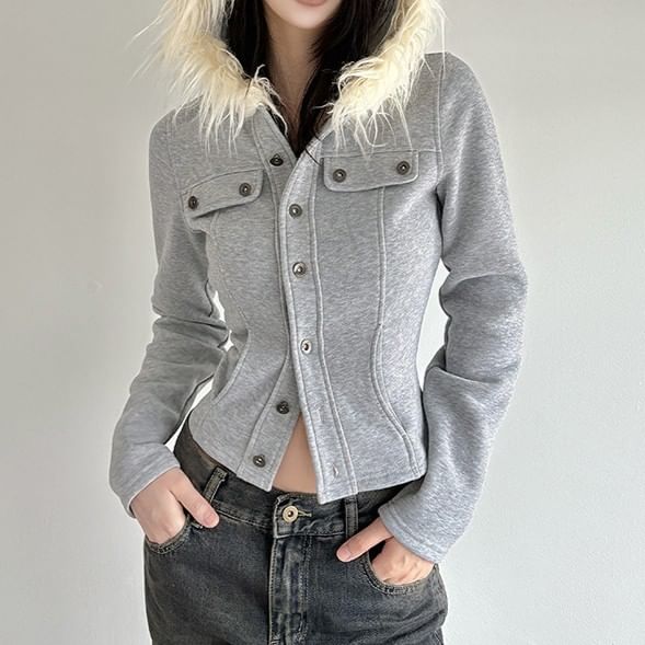 Furry Trim Button-Up Hooded Crop Jacket