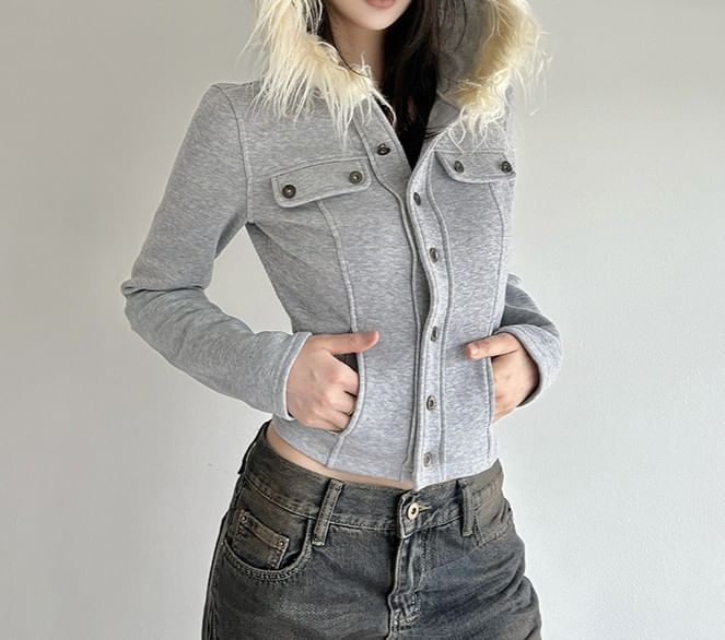 Furry Trim Button-Up Hooded Crop Jacket