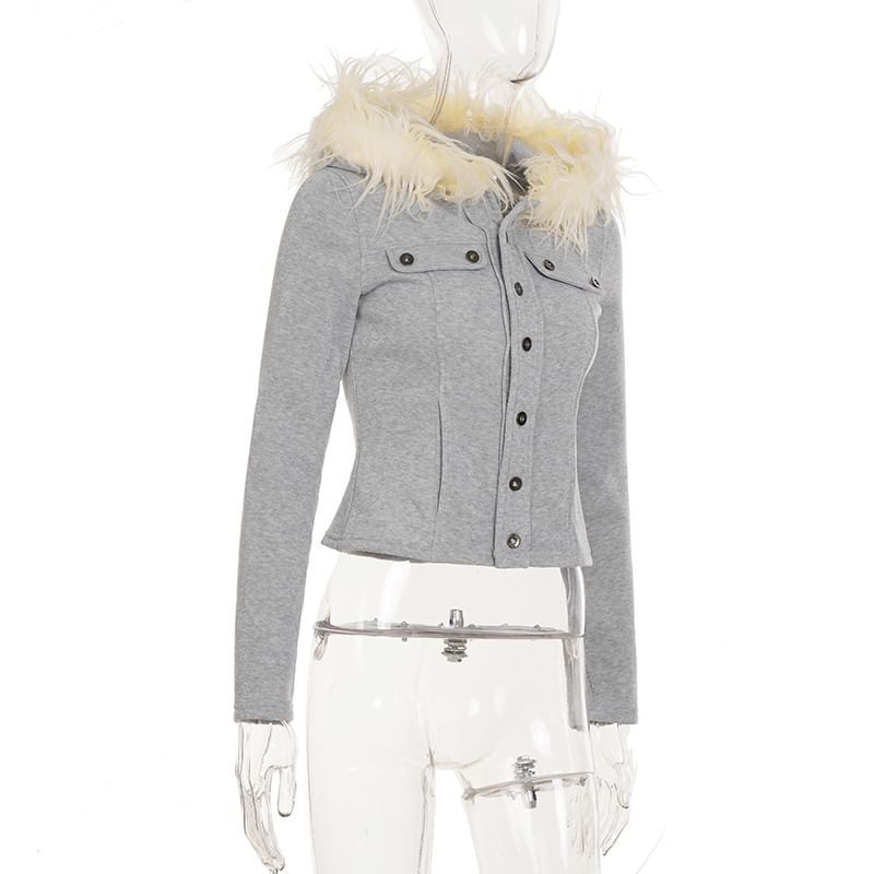 Furry Trim Button-Up Hooded Crop Jacket