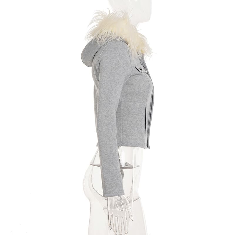 Furry Trim Button-Up Hooded Crop Jacket