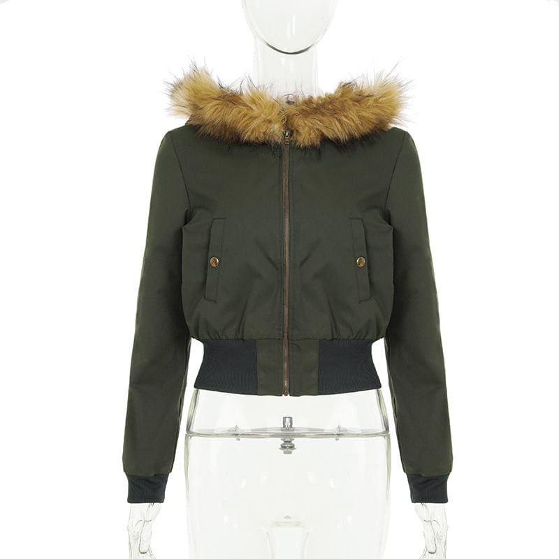 Furry Trim Hooded Zip-Up Crop Jacket