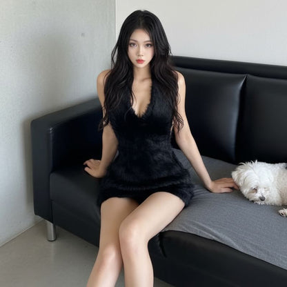 Sleeveless V-Neck Faux Fur Mini Bodycon Dress