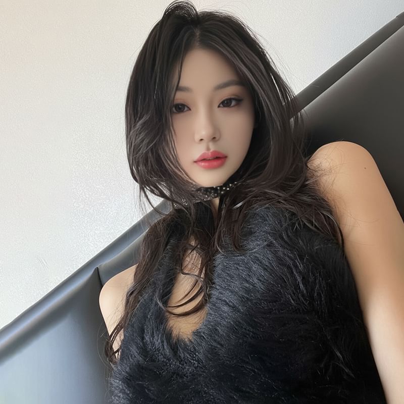 Sleeveless V-Neck Faux Fur Mini Bodycon Dress