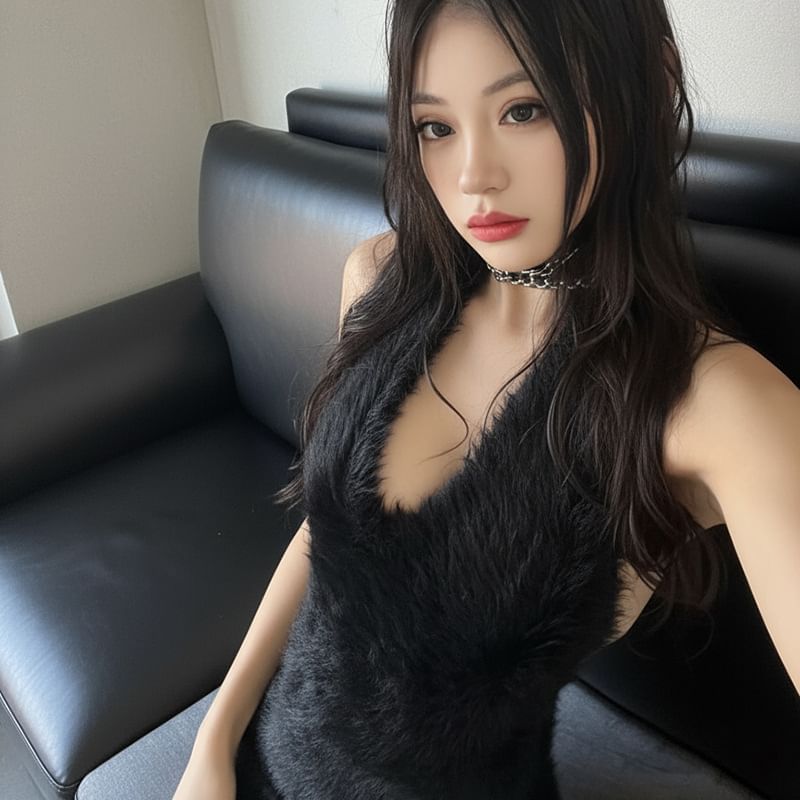 Sleeveless V-Neck Faux Fur Mini Bodycon Dress