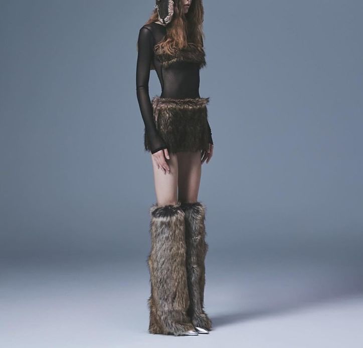 Long Sleeve Faux Fur Panel Slim-Fit Mini Dress