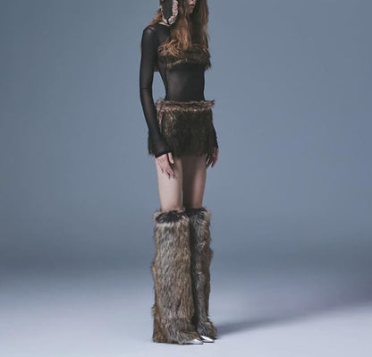 Long Sleeve Faux Fur Panel Slim-Fit Mini Dress