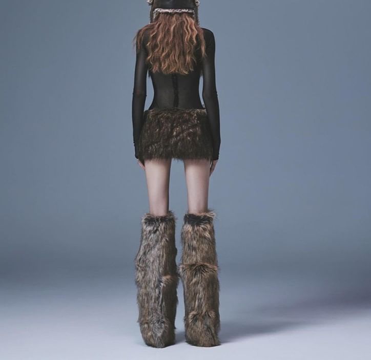 Long Sleeve Faux Fur Panel Slim-Fit Mini Dress