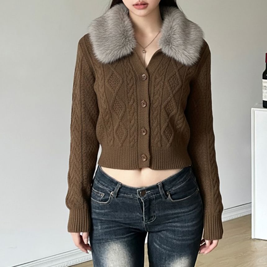 Long Sleeve V-Neck Faux Fur Panel Cable Knit Crop Cardigan
