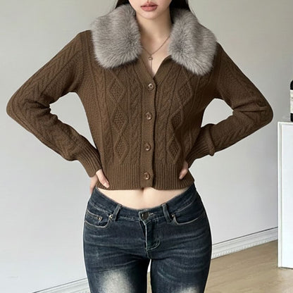 Long Sleeve V-Neck Faux Fur Panel Cable Knit Crop Cardigan