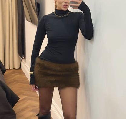 Long Sleeve Mock Neck Faux Fur Panel Slim-Fit Mini Bodycon Dress