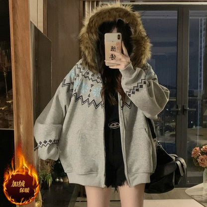 Furry Trim Hooded Pattern Zip-Up Jacket